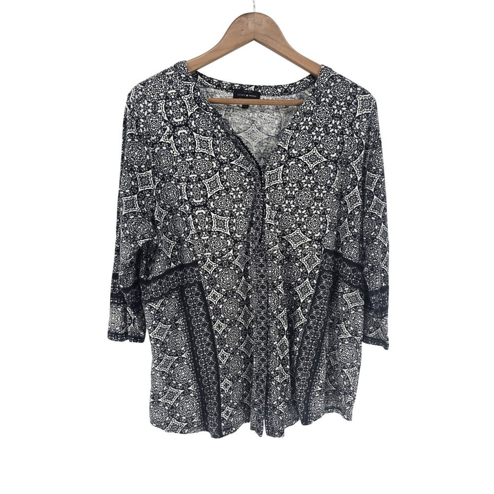 Lucky Brand Top Womens 1X Black White Medallion Lace Trim Peplum 3/4 Sleeve Boho
